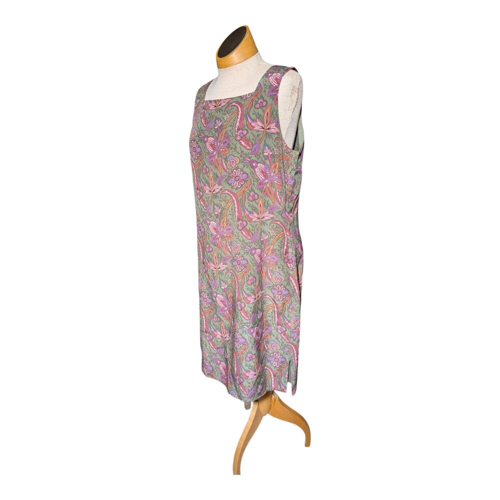 Vtg 1990s Casual Corner Green Pink Paisley 100% Silk Knee Length Sheath Dress 12